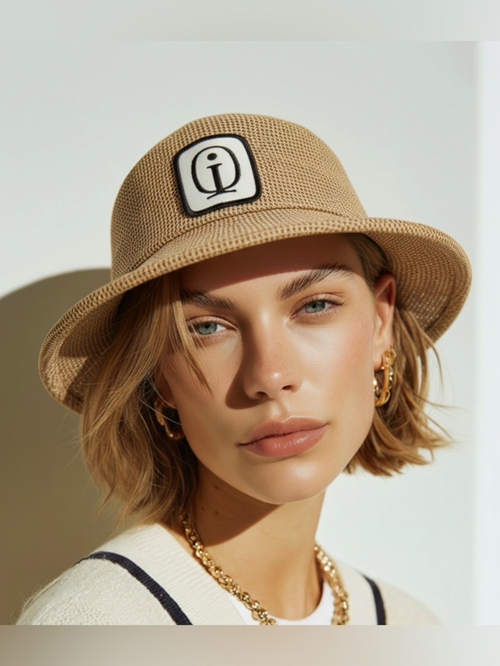 BY FAR Tan Bucket Hat with Logo Patch
